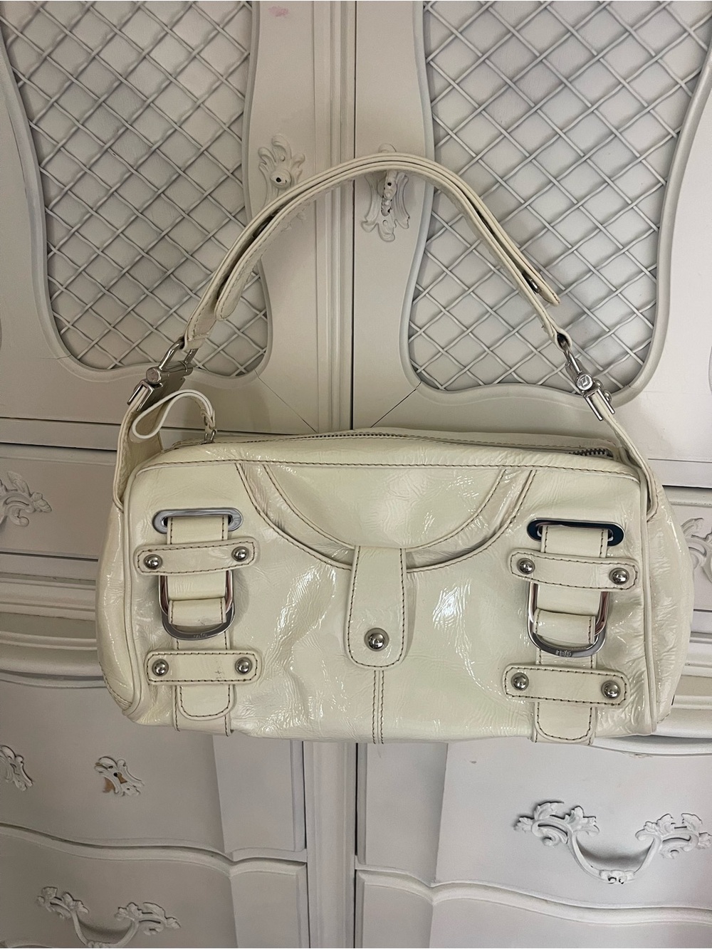 Cream Patent Shoulder Bag with Silver Hardware